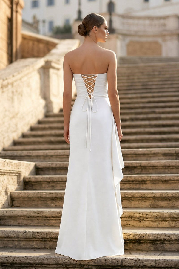 White - Mermaid Strapless Satin Pleated Long Prom Dress with Slit - KissProm