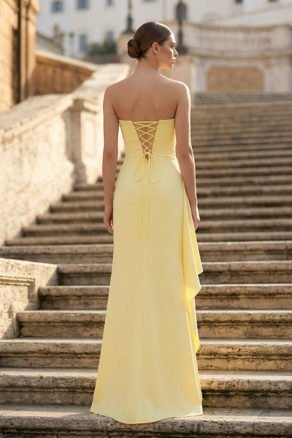 Yellow - Mermaid Strapless Satin Pleated Long Prom Dress with Slit - KissProm