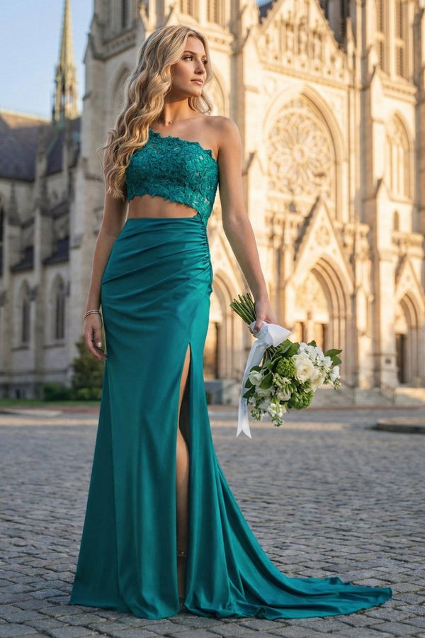 Royal Blue - One Shoulder Sheath Lace Appliqued Prom Dresses With Cutout - KissProm