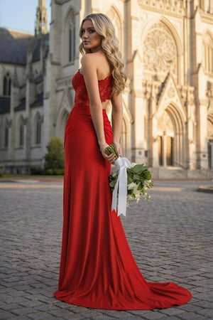 Royal Blue - One Shoulder Sheath Lace Appliqued Prom Dresses With Cutout - KissProm