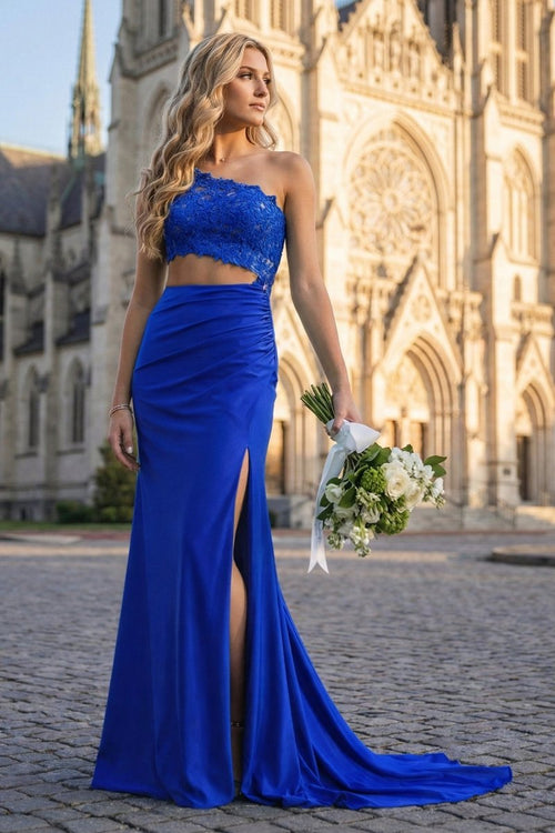 Royal Blue - One Shoulder Sheath Lace Appliqued Prom Dresses With Cutout - KissProm