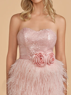 Pink - Bodycon Strapless Sequin Mini Party Dresses with Feathers – Homecoming Dress by KissProm | Available at KissProm