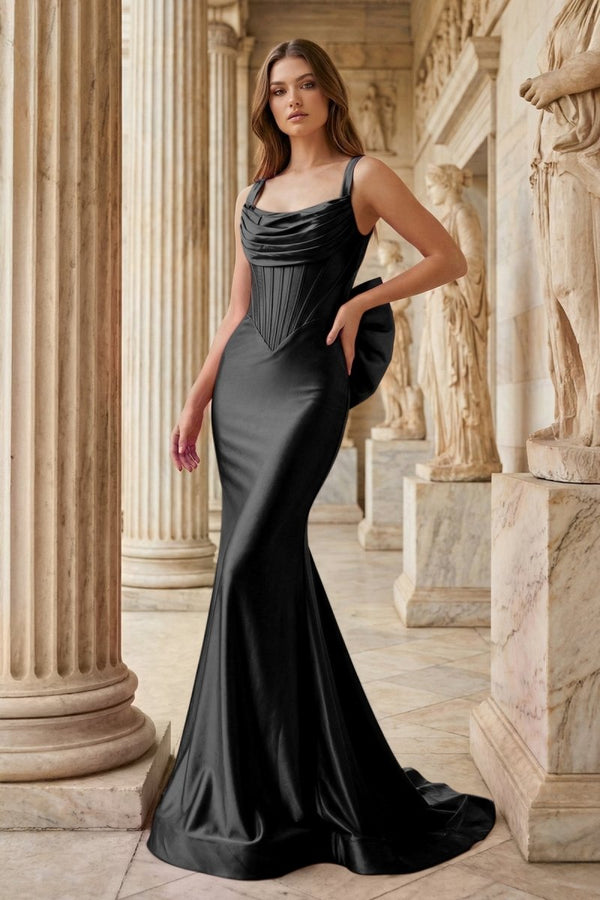 Fuchsia Square Neck Satin Mermaid Formal Gown with Bow - KissProm