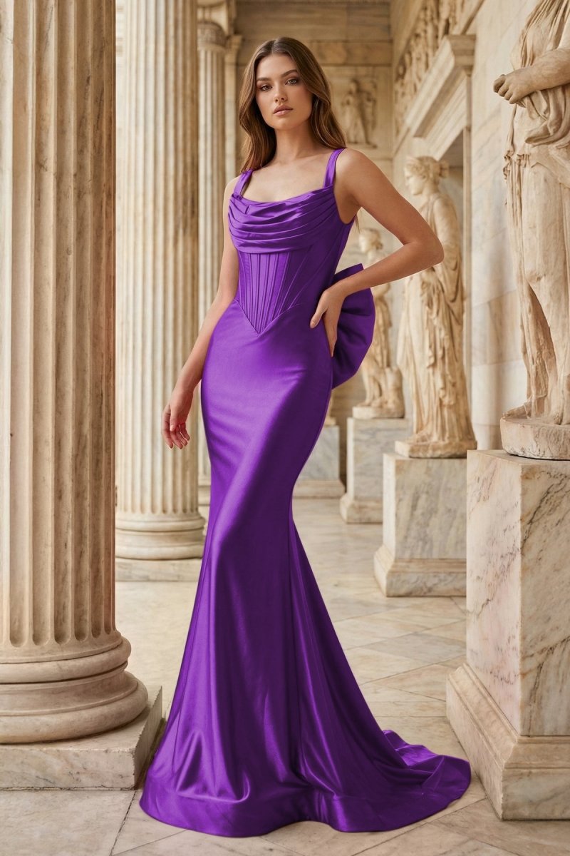 Fuchsia Square Neck Satin Mermaid Formal Gown with Bow - KissProm
