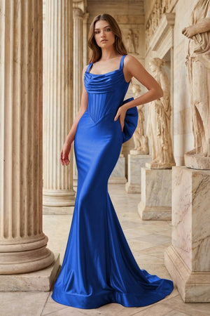 Fuchsia Square Neck Satin Mermaid Formal Gown with Bow - KissProm