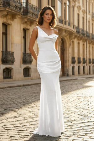 Sky Blue One Shoulder Sheath Chiffon Pleated Long Formal Prom Dresses – Prom Dress by KissProm | Available at KissProm