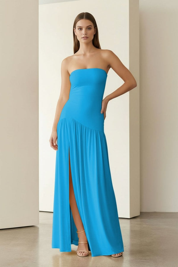 Dorvella | Yellow - Strapless Sheath Pleated Long Prom Dresses With Slit - KissProm