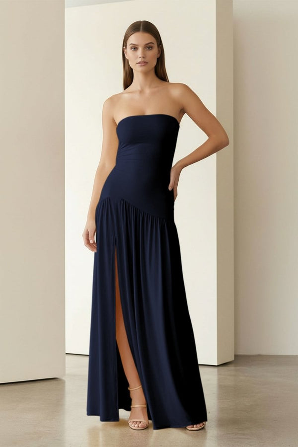 Dorvella | Yellow - Strapless Sheath Pleated Long Prom Dresses With Slit - KissProm