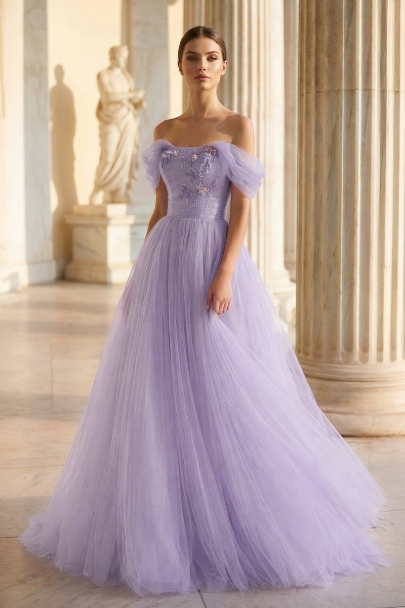 Princess Off the Shoulder Embroidering Tulle Sage Ball Gown – Prom Dresses by KissProm | Available at KissProm