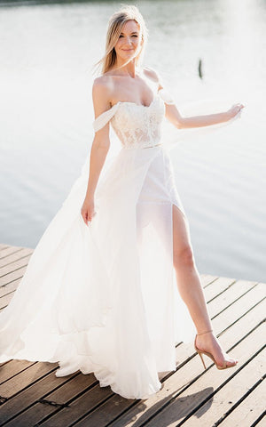 Orlanda | A-Line Lace White Lace-Up Off-the-Shoulder Wedding Dress with Slit