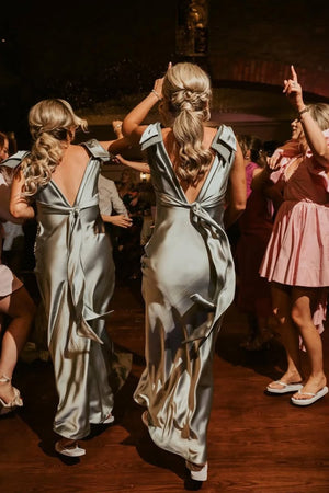 Sheath V Neck Sage Green Silk Satin Bridesmaid Dress with Bow – Bridesmaid Dresses by KissProm | Available at KissProm