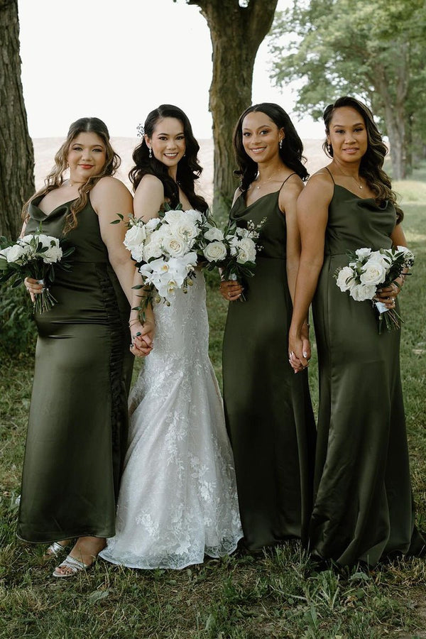 Hunter Green Silk Satin Cowl Neck Bridesmaid Dresses - KissProm