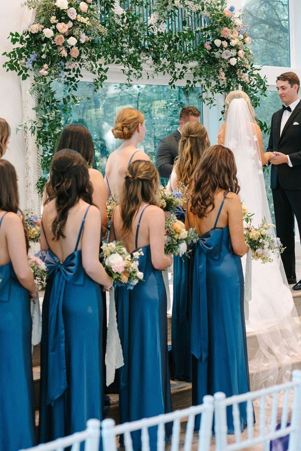 Simple Mermaid Spaghetti Straps Blue Long Bridesmaid Dresses with Bow Back - KissProm
