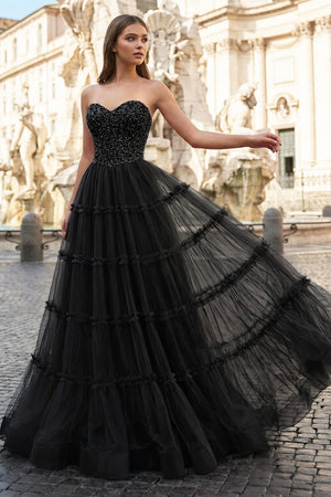 Sweetheart Fuchsia Beaded Ruffles Tulle Prom Dress - KissProm