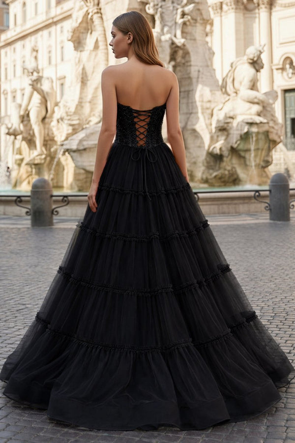 Sweetheart Fuchsia Beaded Ruffles Tulle Prom Dress - KissProm