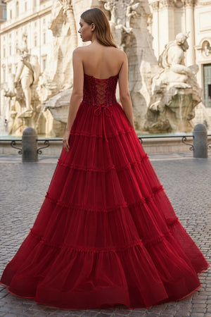 Sweetheart Fuchsia Beaded Ruffles Tulle Prom Dress - KissProm