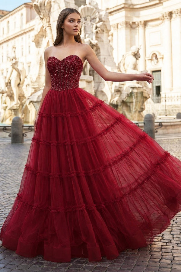 Sweetheart Fuchsia Beaded Ruffles Tulle Prom Dress - KissProm