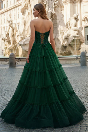 Sweetheart Fuchsia Beaded Ruffles Tulle Prom Dress - KissProm