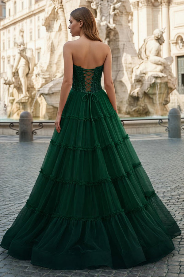 Sweetheart Fuchsia Beaded Ruffles Tulle Prom Dress - KissProm