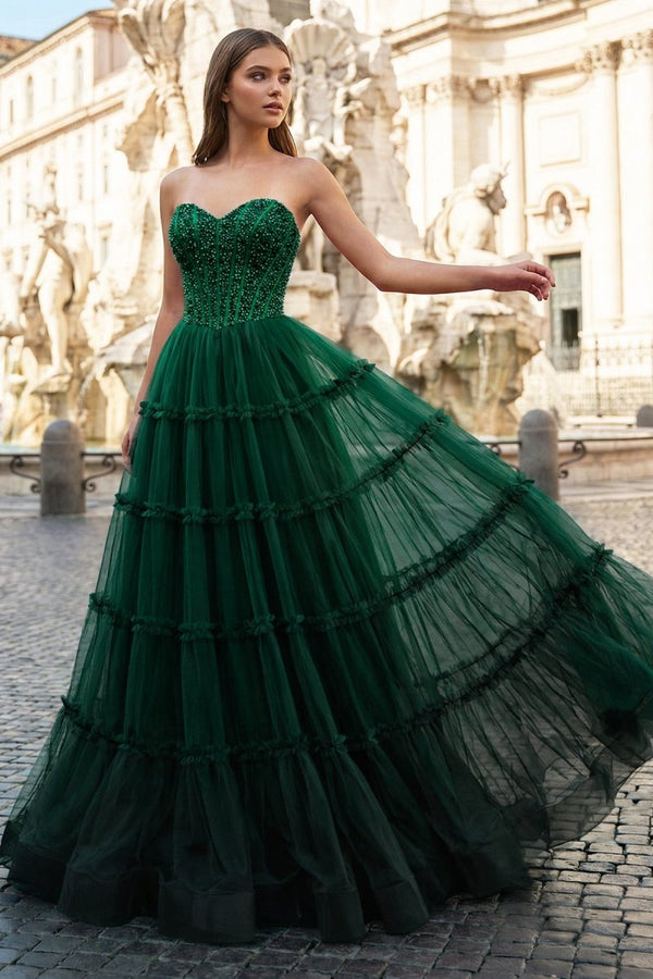 Sweetheart Fuchsia Beaded Ruffles Tulle Prom Dress - KissProm