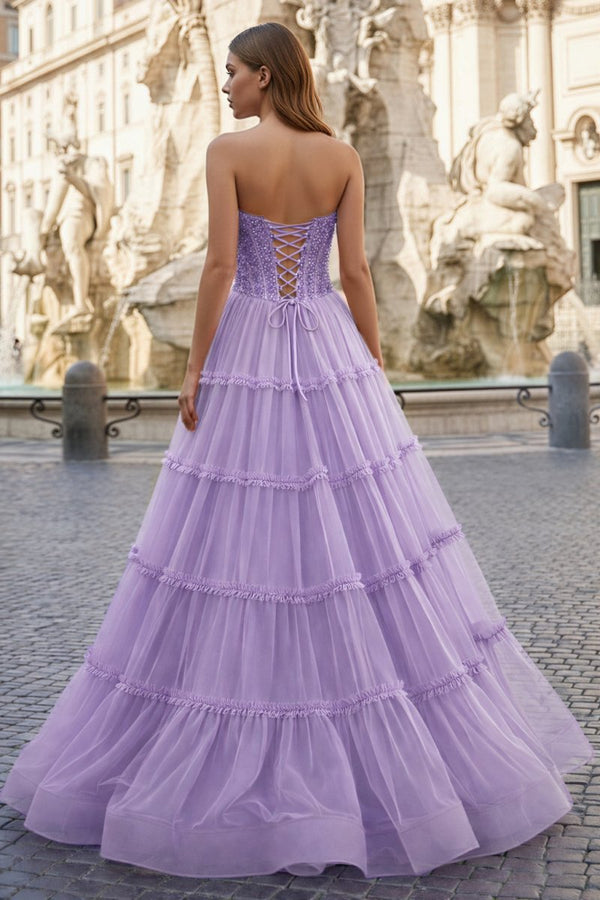 Sweetheart Fuchsia Beaded Ruffles Tulle Prom Dress - KissProm