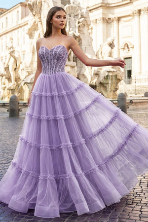 Sweetheart Fuchsia Beaded Ruffles Tulle Prom Dress - KissProm