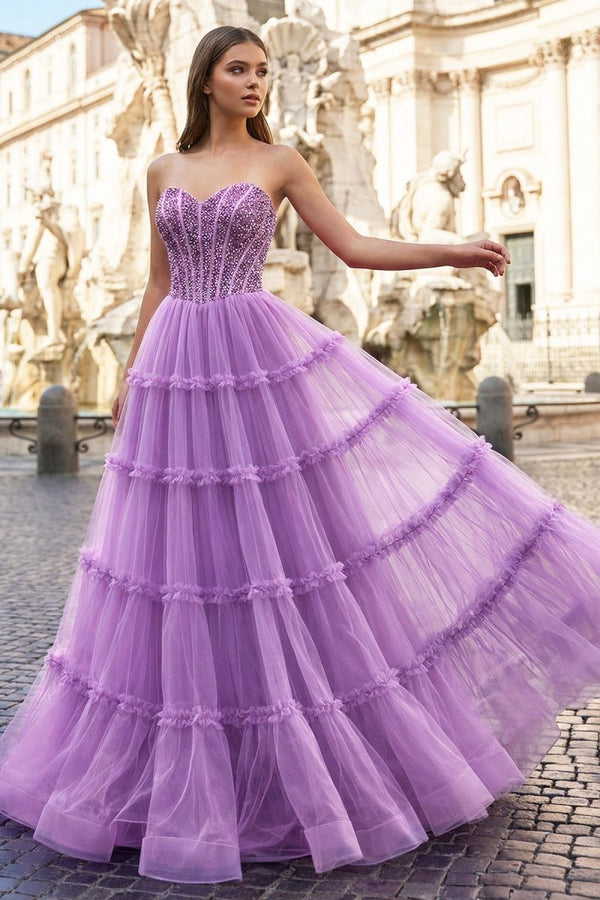 Sweetheart Fuchsia Beaded Ruffles Tulle Prom Dress - KissProm