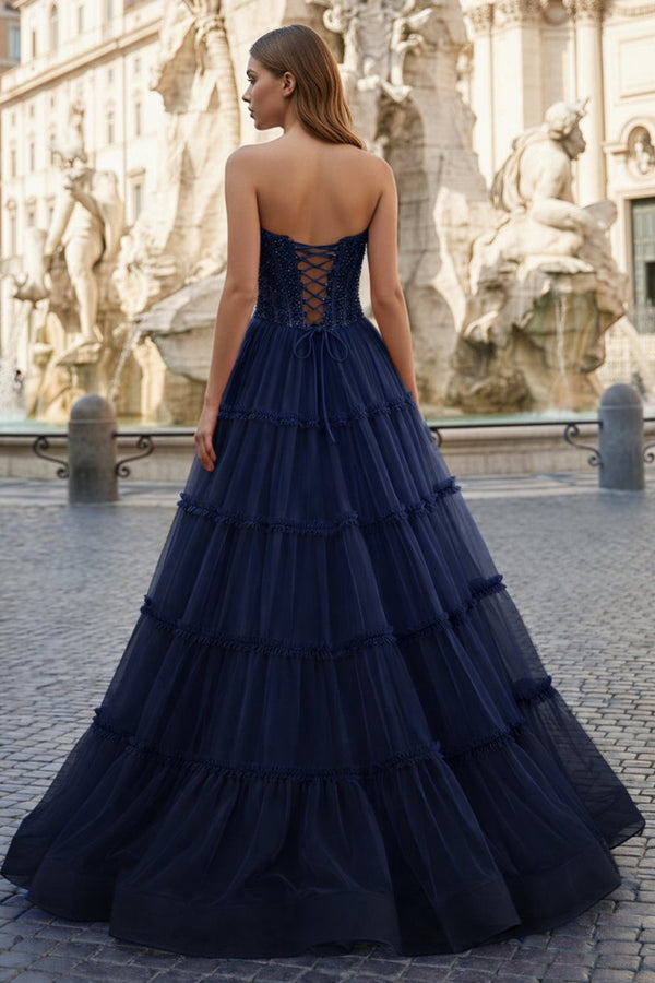 Sweetheart Fuchsia Beaded Ruffles Tulle Prom Dress - KissProm
