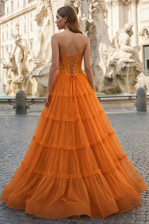 Sweetheart Fuchsia Beaded Ruffles Tulle Prom Dress - KissProm