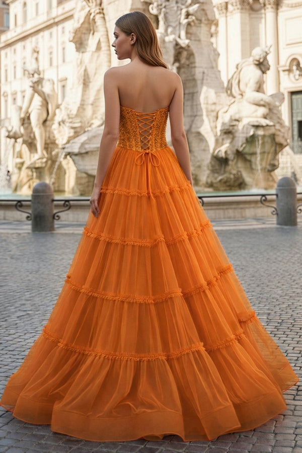 Sweetheart Fuchsia Beaded Ruffles Tulle Prom Dress - KissProm