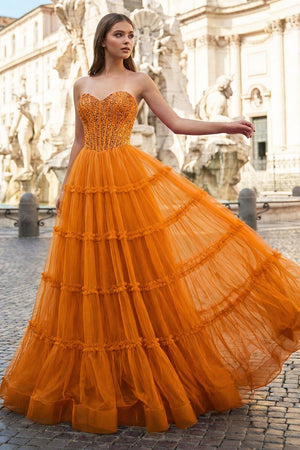 Sweetheart Fuchsia Beaded Ruffles Tulle Prom Dress - KissProm