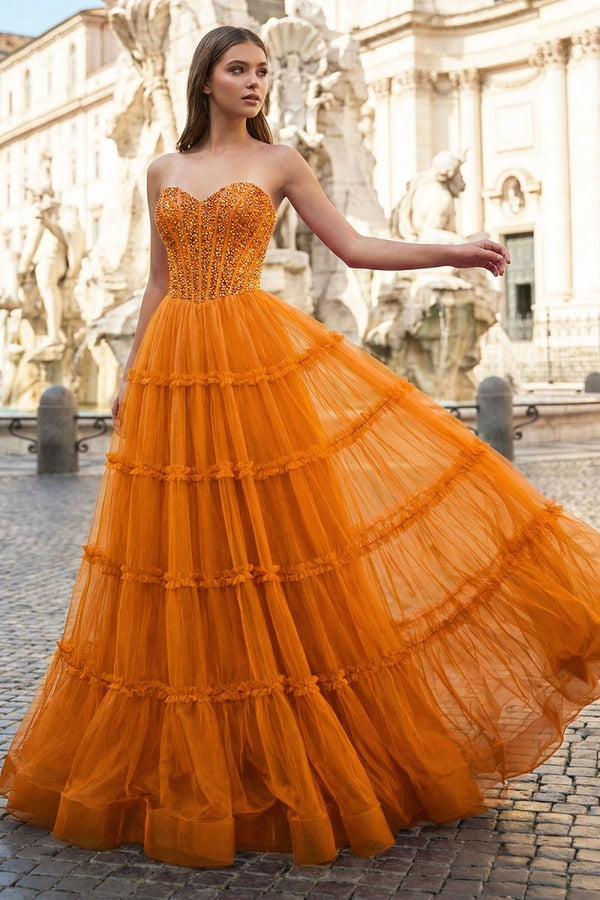 Sweetheart Fuchsia Beaded Ruffles Tulle Prom Dress - KissProm