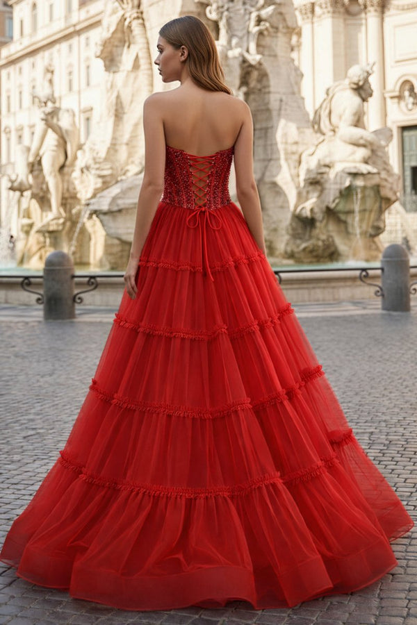 Sweetheart Fuchsia Beaded Ruffles Tulle Prom Dress - KissProm