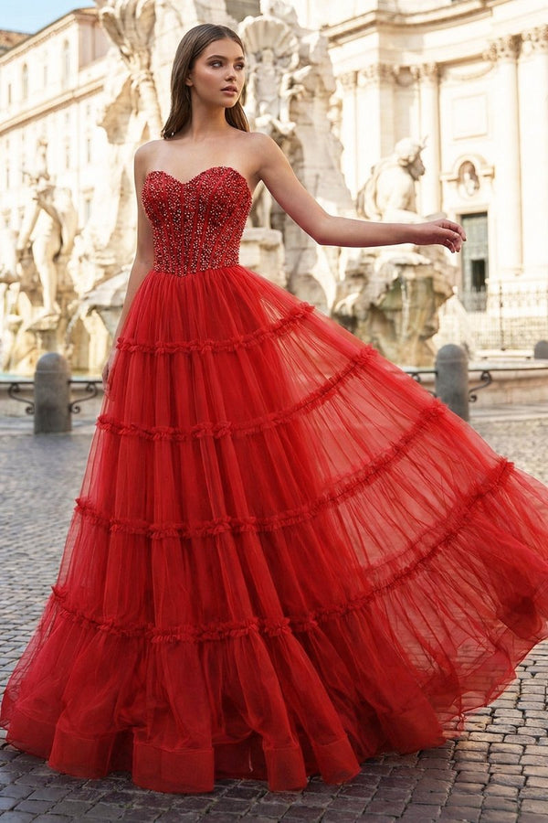 Sweetheart Fuchsia Beaded Ruffles Tulle Prom Dress - KissProm