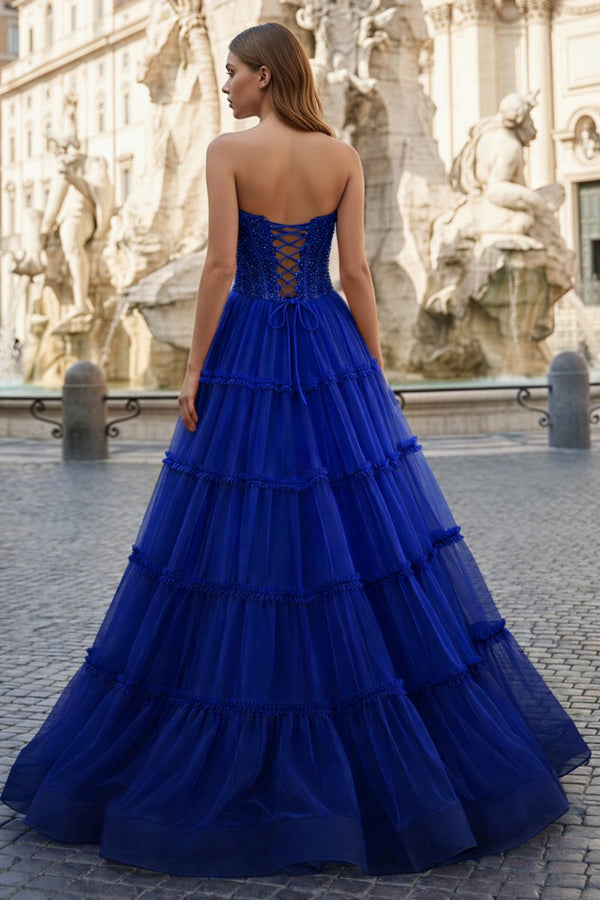 Sweetheart Fuchsia Beaded Ruffles Tulle Prom Dress - KissProm