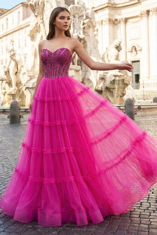 Sweetheart Fuchsia Beaded Ruffles Tulle Prom Dress - KISSPRPM PROM DRESSES