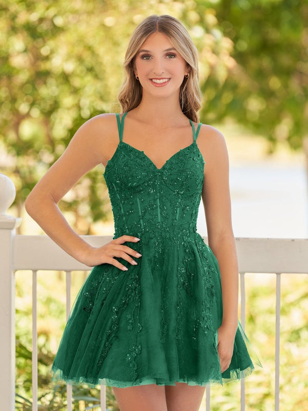 Elara | A-Line Lace Spaghetti-Straps Black short Homecoming Dress