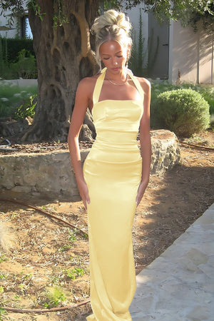 Elarin | Yellow - Halter Satin Mermaid Open Back Long Formal Prom Dresses - KissProm