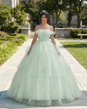 Elegant 3D Flowery Sage Green Tulle Fairy Ball Gown - KissProm