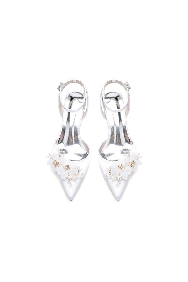 Elegant Ankle Strap Pointed Toe High Heels with Rhinestone Flower - KissProm