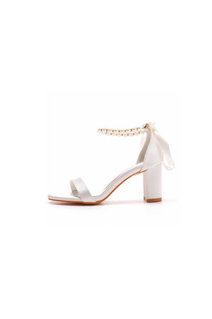 Elegant Pearl Ribbon Tie Satin Open Toe Ankle Strap Block High Heels - KissProm