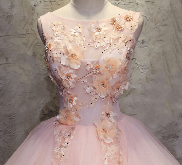 Pink A Line Organza Floor-Length Prom Dress with Appliqued