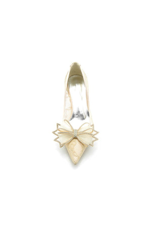 Elegant Pointed Toe Lace Mesh Hollow Out High Heels with Bow - KissProm
