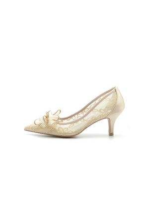 Elegant Pointed Toe Lace Mesh Hollow Out High Heels with Bow - KissProm