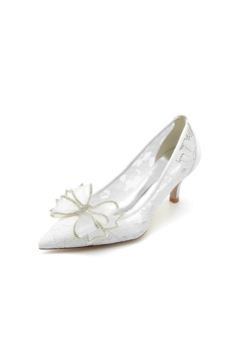 Elegant Pointed Toe Lace Mesh Hollow Out High Heels with Bow - KissProm