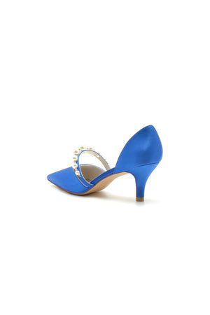 Elegant Satin Pointed Toe Heels with Pearl Strap - KissProm