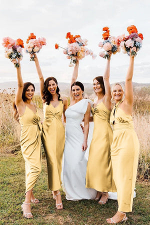 Elegant Sheath Halter Silk Satin Bridesmaid Dresses - KissProm