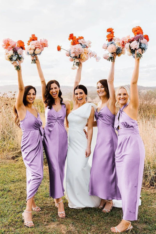 Elegant Sheath Halter Silk Satin Bridesmaid Dresses - KissProm