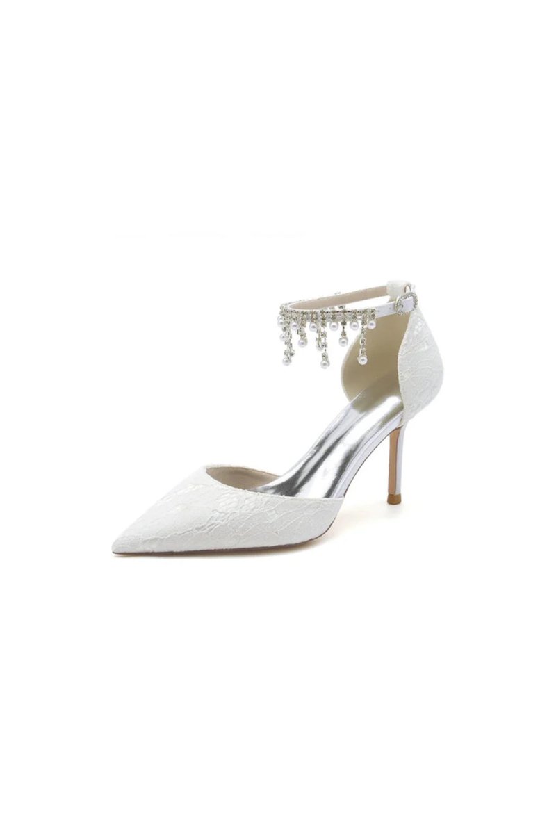Elegant White Ankle Strap Pearl Beaded Wedding Shoes - KissProm