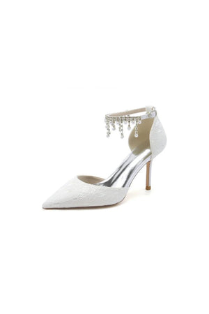 Elegant White Ankle Strap Pearl Beaded Wedding Shoes - KissProm